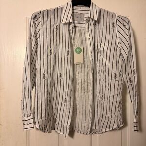 Rails Small Charli Navy Striped Tigers Print Button Down Blouse Linen Blend NWT